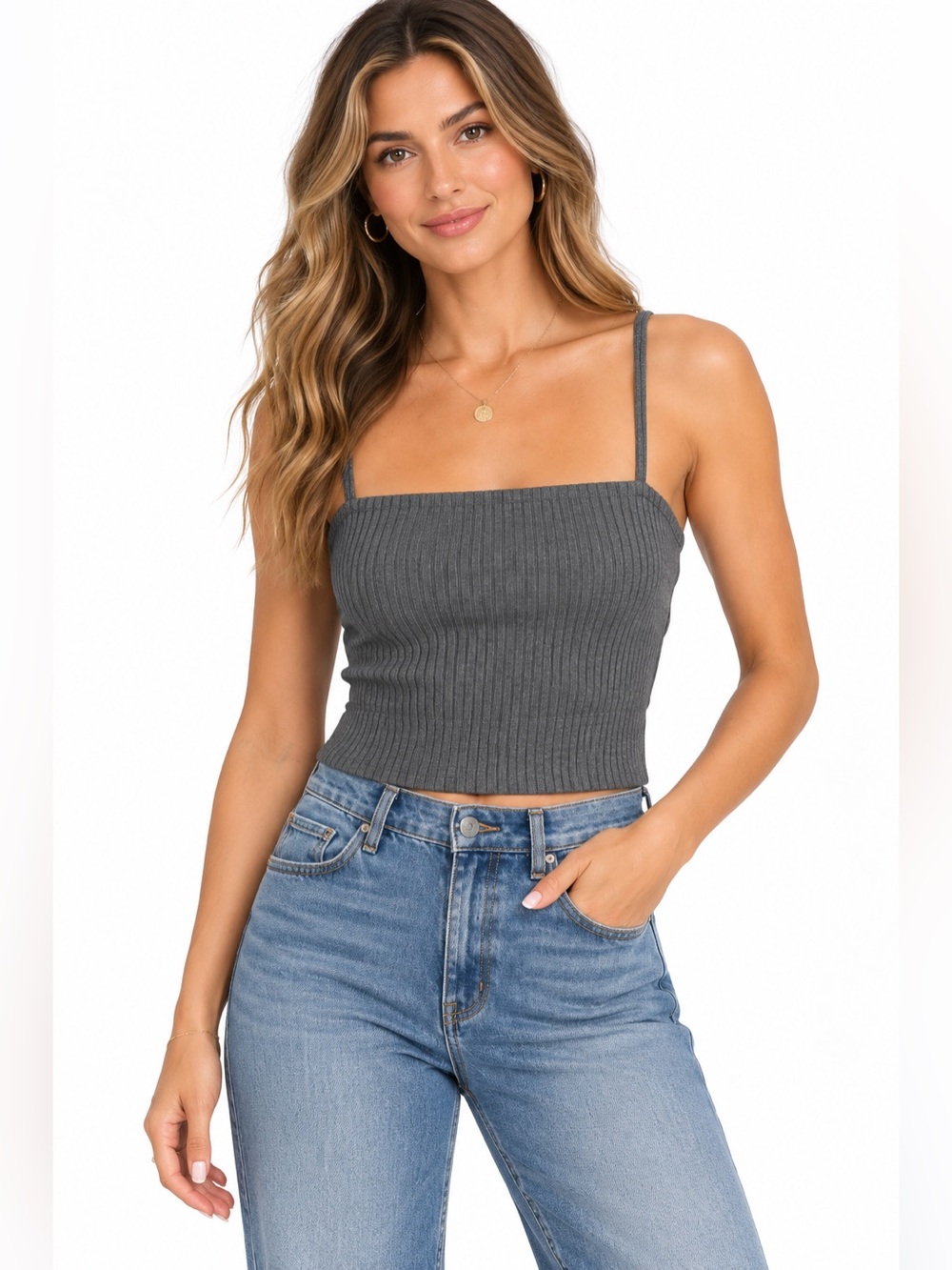 Stillwater Charcoal Ribbed Cropped Cami‎ Top - Women large